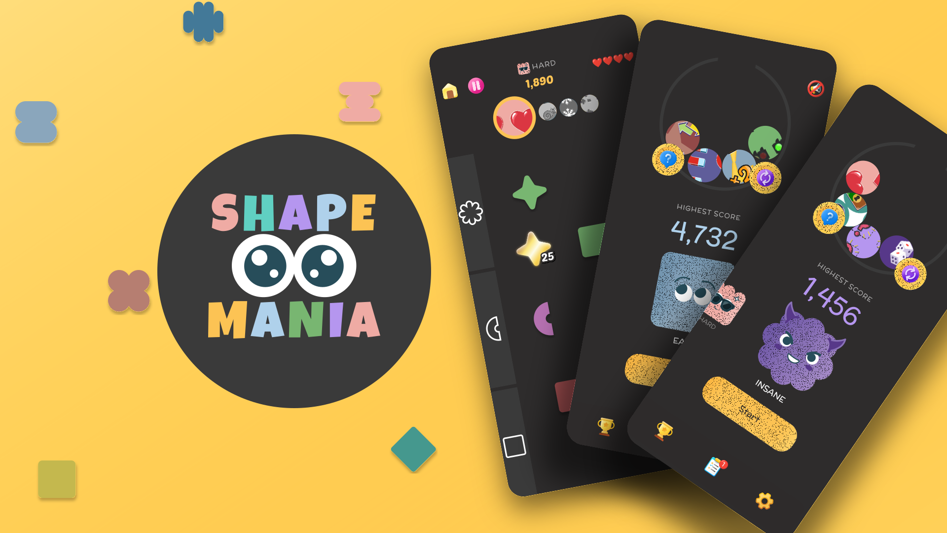 Shape Mania promo — phone and bright in-game shapes